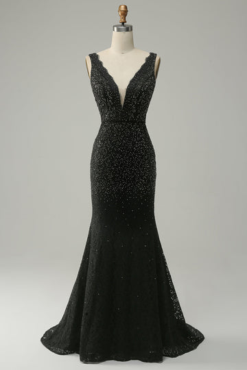 Mermaid Deep V Neck Black Lace Long Ball Dress with Beading